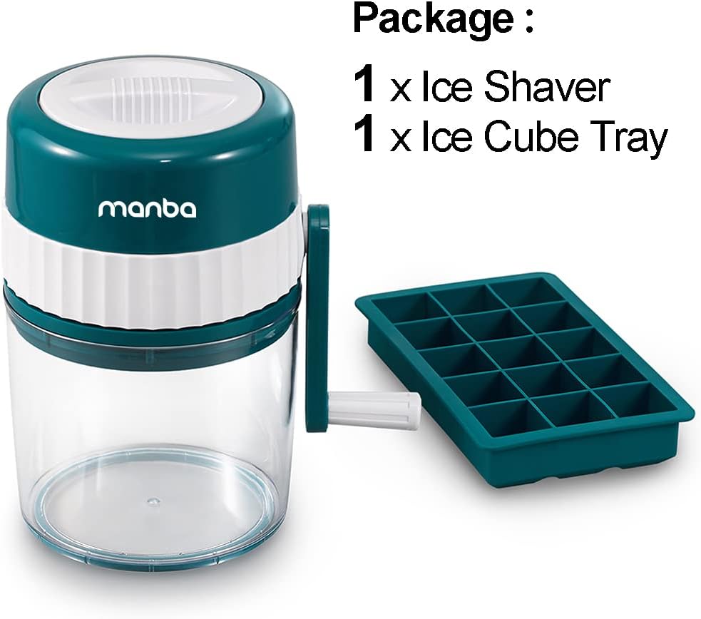 Machine manuelle à cône de neige MANBA pour la glace pilée, les cônes de neige, les granités | Manivelle, 3 lames pour un rasage rapide, facile pour les enfants, portable pour les fêtes, le camping, avec bac à glaçons, lames de rechange disponibles