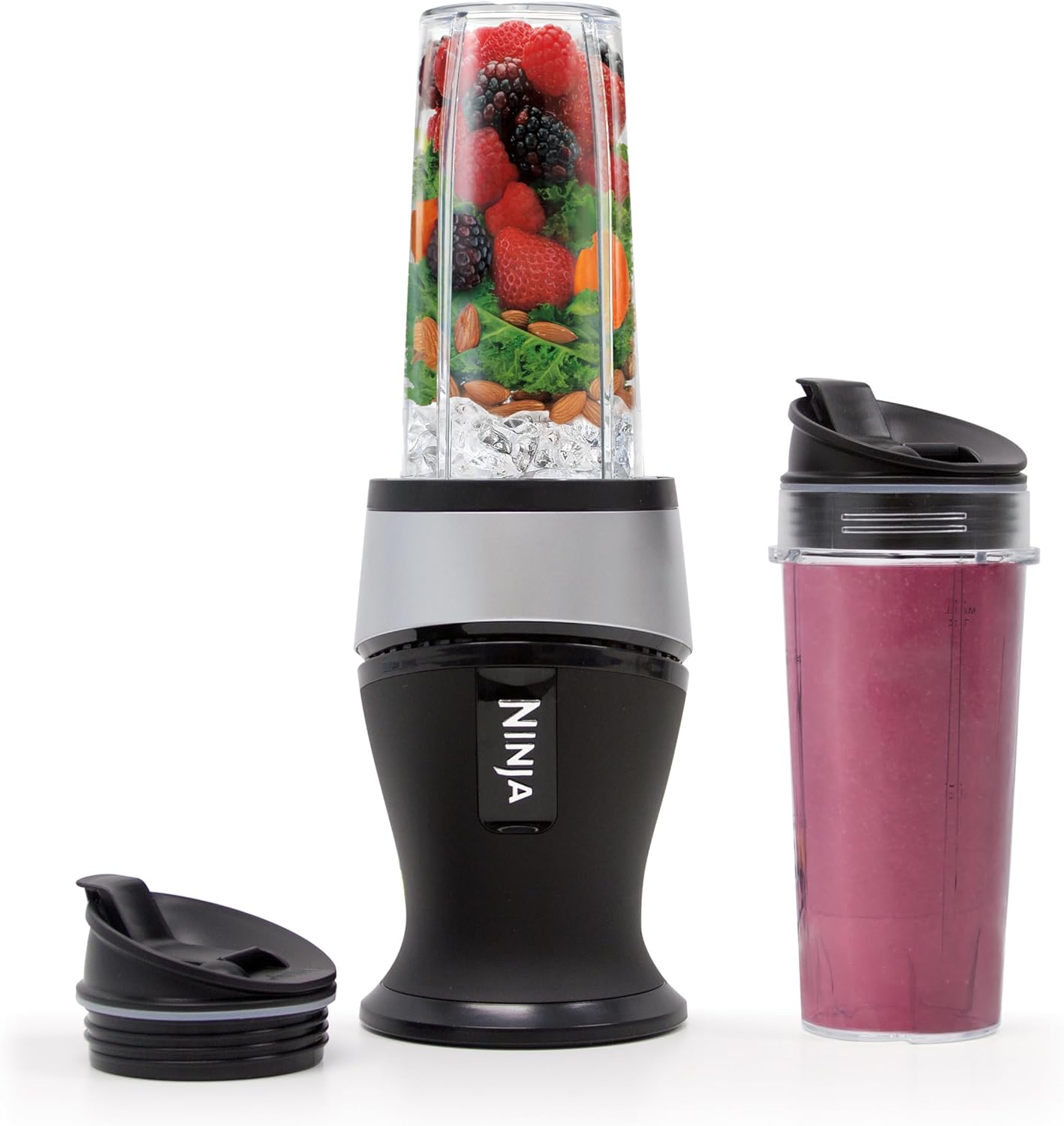 Mixeur personnel compact Ninja Fit | Pour smoothies, frappés et boissons glacées | (2) gobelets de 47 cl à emporter avec couvercles à bec | 700 W | Noir | QB3001SS