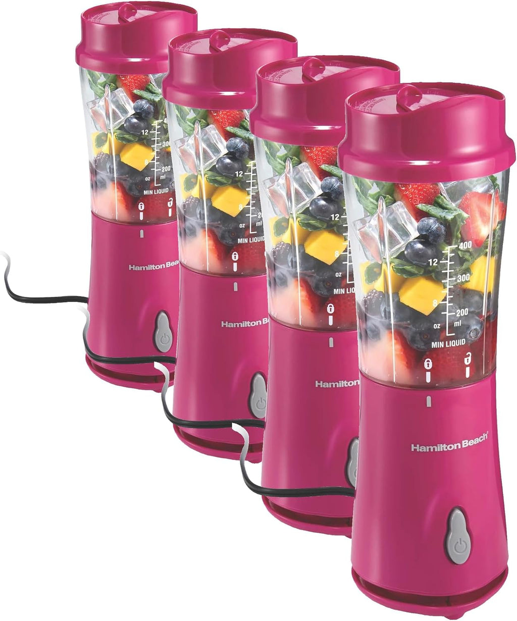 Mixeur portable Hamilton Beach pour smoothies avec bocal de voyage de 41 cl | Bocal et couvercle sans BPA | Lames durables en acier inoxydable | Puissance de crête de 300 Watts | Mixeur personnel à smoothies | Framboise | 51131G