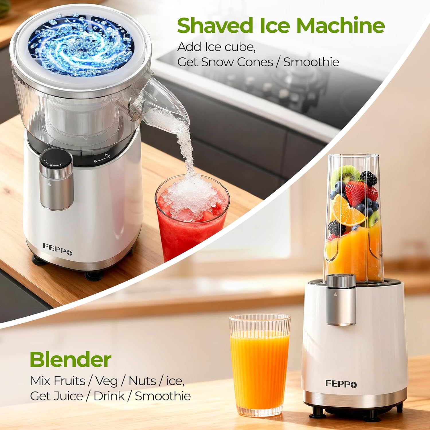 Machine à Granités et Smoothies FEPPO 2 en 1, Machine à Glace Pilée Puissante 700W, Machine à Margarita Glacée avec Lame en Acier Inoxydable, Livre de Recettes de Smoothies, pour Fêtes à la Maison et dans la Cuisine