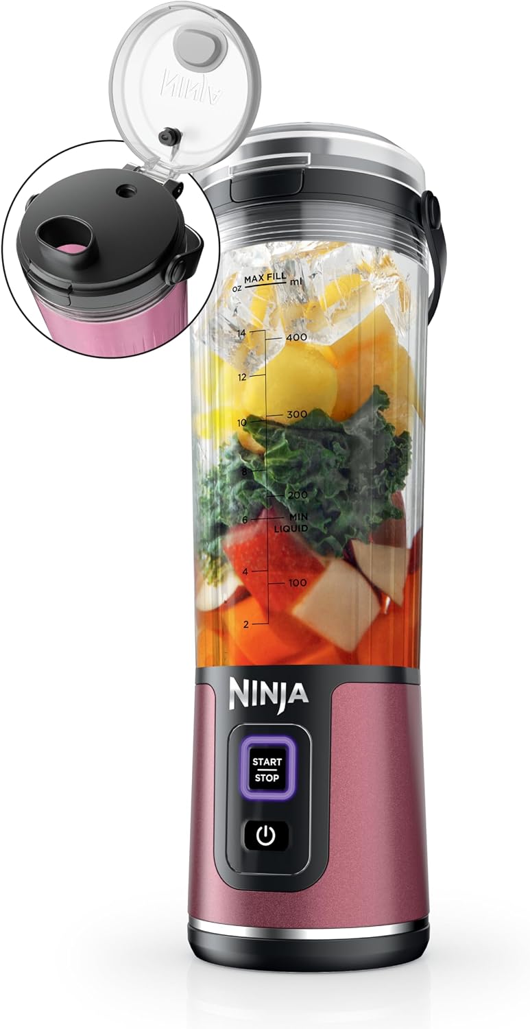 Mélangeur portatif Ninja BC151CR Blast, sans fil, bol de 530 ml, mélangeur personnel pour boissons frappées et smoothies, sans BPA, couvercle antifuite et bec verseur, rechargeable par USB-C, pièces lavables au lave-vaisselle, rouge canneberge