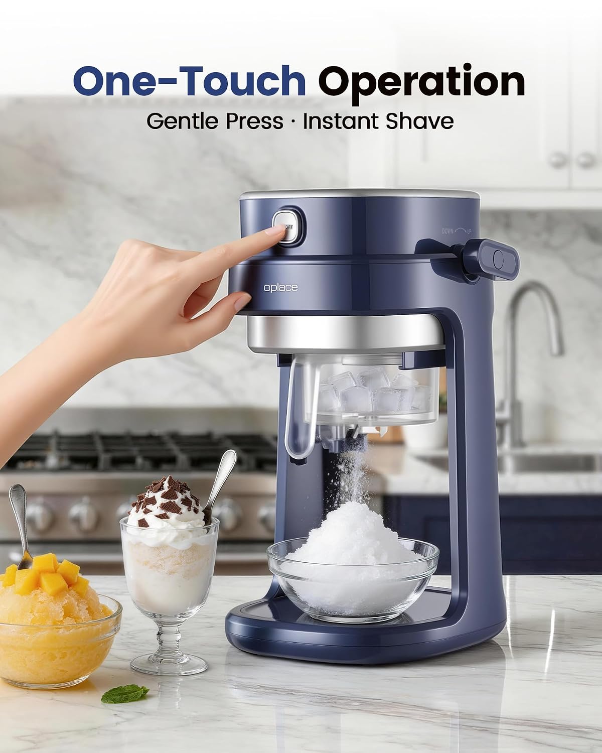 Machine à Barbotine pour la Maison, Machine à Glaçons Pilés Électrique à Commande Unique avec Réglage de la Lame pour Granités, Bingsu, Desserts Glacés, Broyage Rapide, 3 Moules à Glaçons Inclus (Bleu)