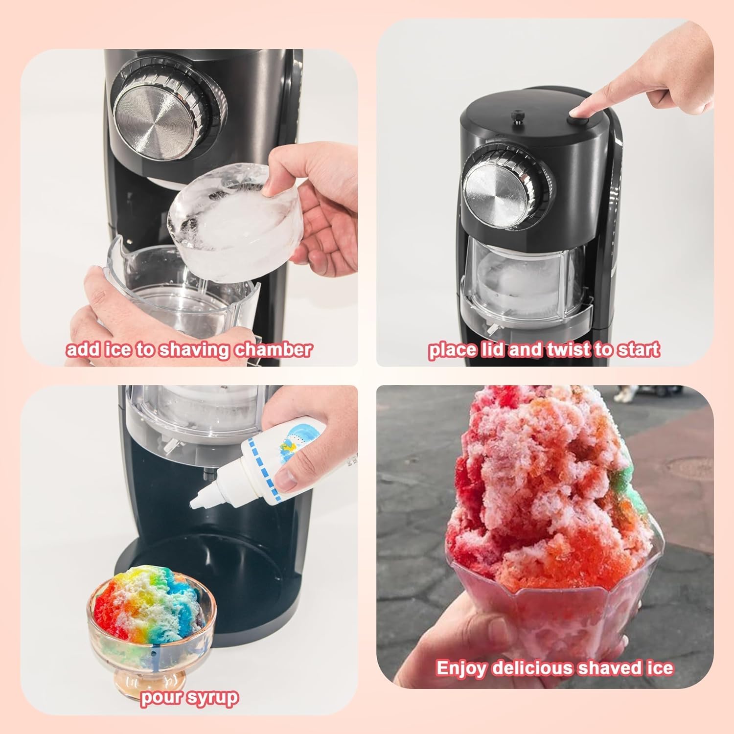 Machine à granités - Machine à glace pilée équipée d'une lame en acier inoxydable, d'un bouton de réglage pour ajuster librement l'épaisseur des flocons de neige et de 2 moules à glaçons en plastique réutilisables (noir)