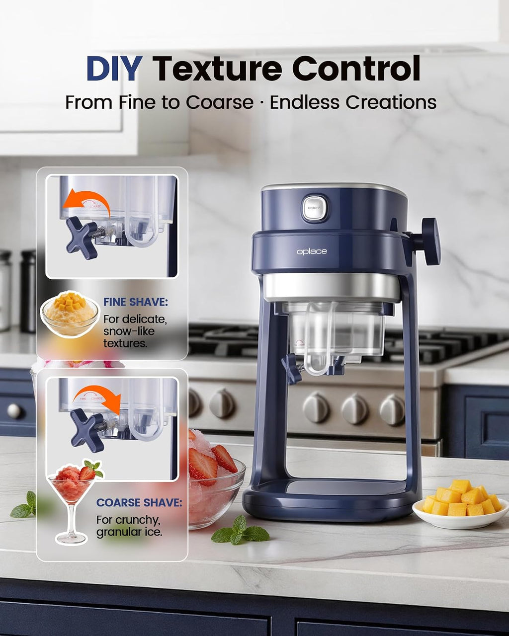 Machine à Barbotine pour la Maison, Machine à Glaçons Pilés Électrique à Commande Unique avec Réglage de la Lame pour Granités, Bingsu, Desserts Glacés, Broyage Rapide, 3 Moules à Glaçons Inclus (Bleu)