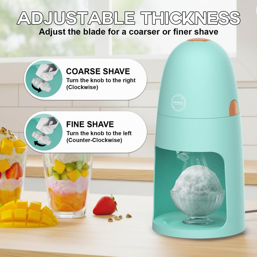 Machine à glace pilée MOJOCO - Machine à glace électrique avec lames réglables pour glace fine et grossière - Fonctionnement à une touche, légère, pour cônes de neige, granités, bingsu et desserts glacés