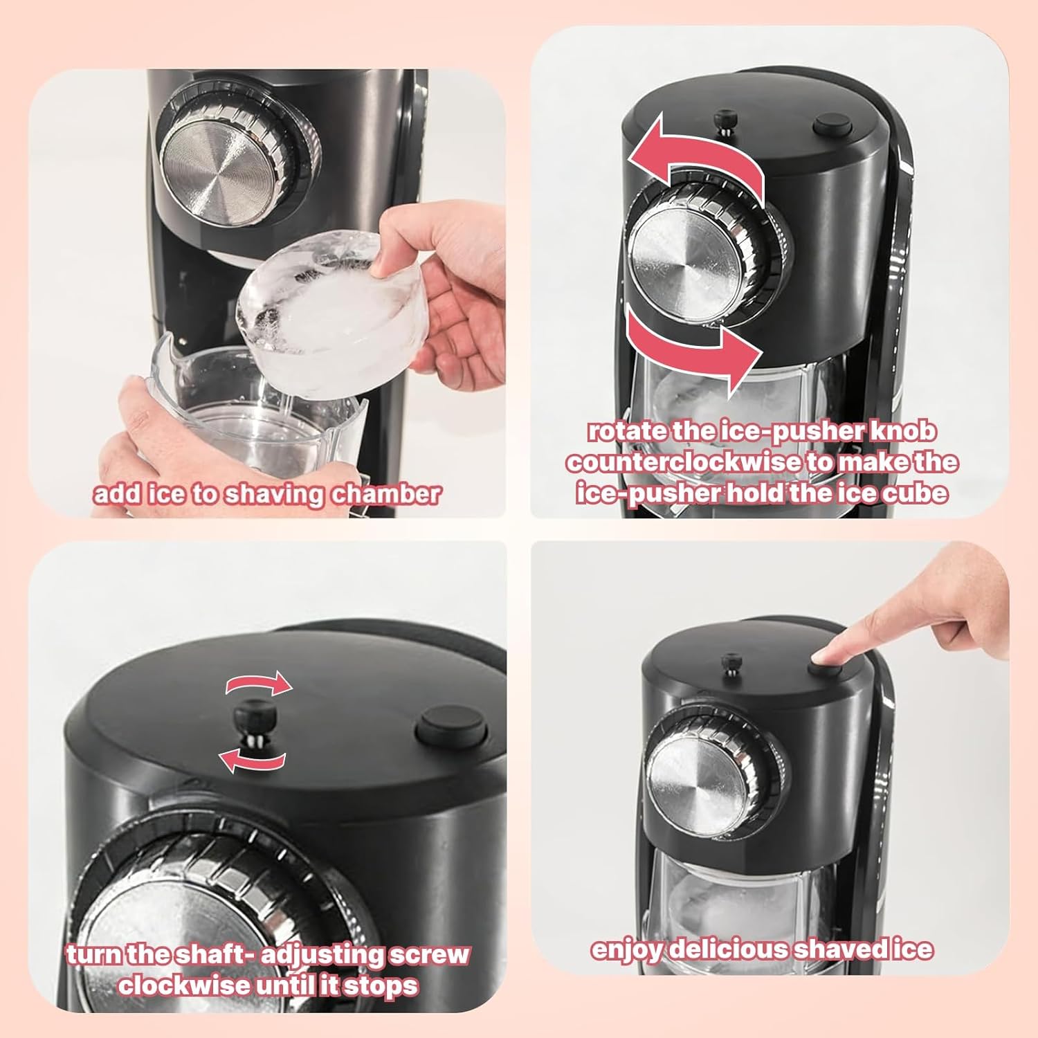 Machine à granités - Machine à glace pilée équipée d'une lame en acier inoxydable, d'un bouton de réglage pour ajuster librement l'épaisseur des flocons de neige et de 2 moules à glaçons en plastique réutilisables (noir)