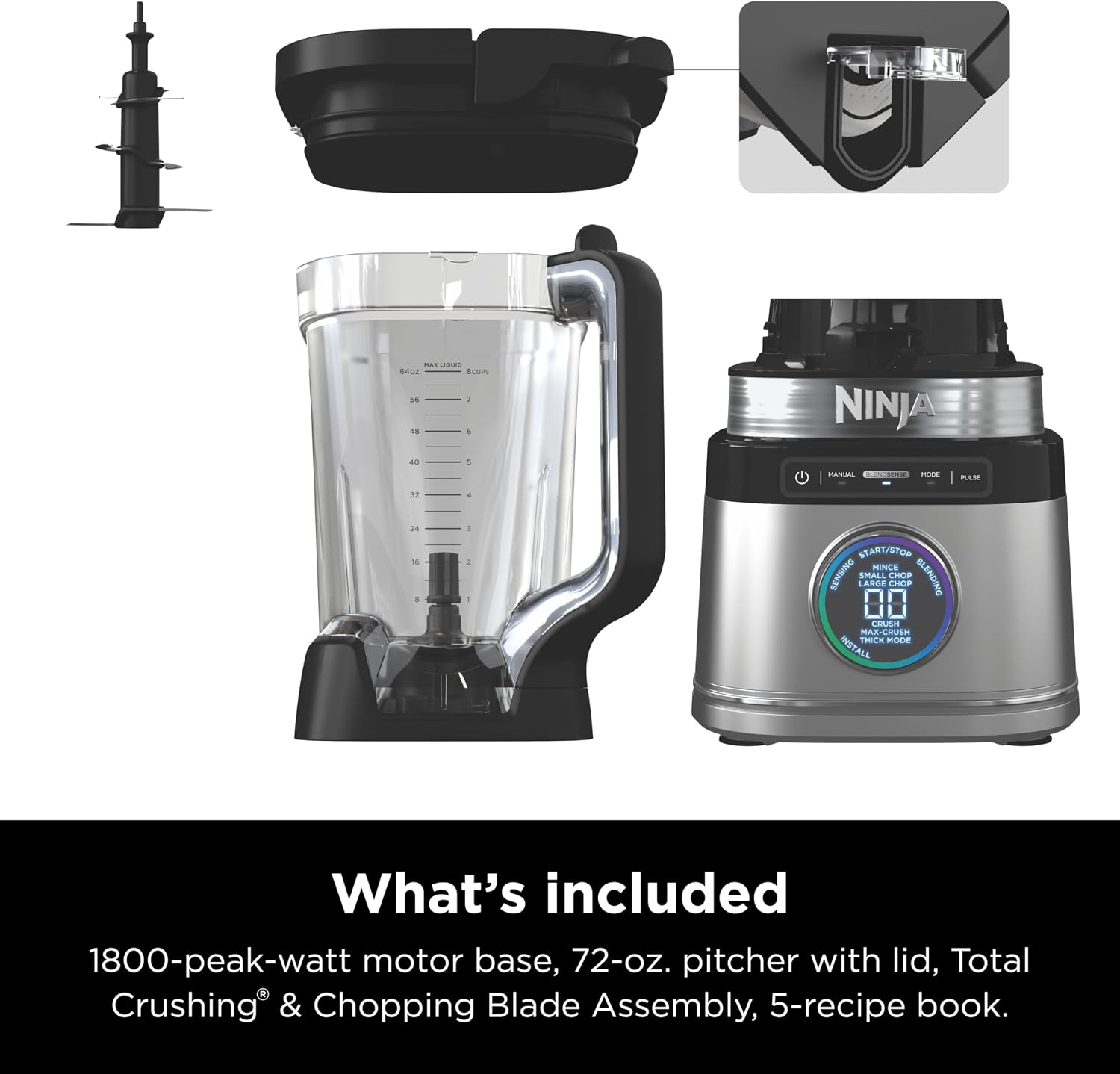 Mélangeur pleine grandeur Ninja tout-en-un | Idéal pour les smoothies, les boissons glacées, les laits frappés, les hachoirs à légumes et plus encore | Technologie BlendSense | Pichet de 72 oz. | Puissance de pointe de 1800 watts | Argent | TB201