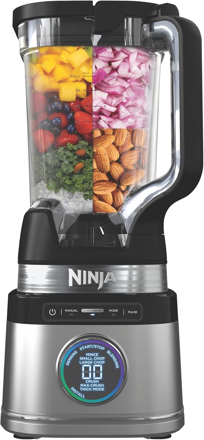 Mélangeur pleine grandeur Ninja tout-en-un | Idéal pour les smoothies, les boissons glacées, les laits frappés, les hachoirs à légumes et plus encore | Technologie BlendSense | Pichet de 72 oz. | Puissance de pointe de 1800 watts | Argent | TB201