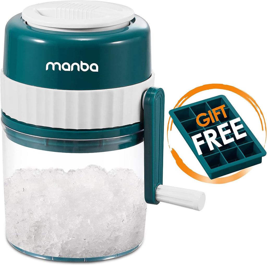 Machine manuelle à cône de neige MANBA pour la glace pilée, les cônes de neige, les granités | Manivelle, 3 lames pour un rasage rapide, facile pour les enfants, portable pour les fêtes, le camping, avec bac à glaçons, lames de rechange disponibles