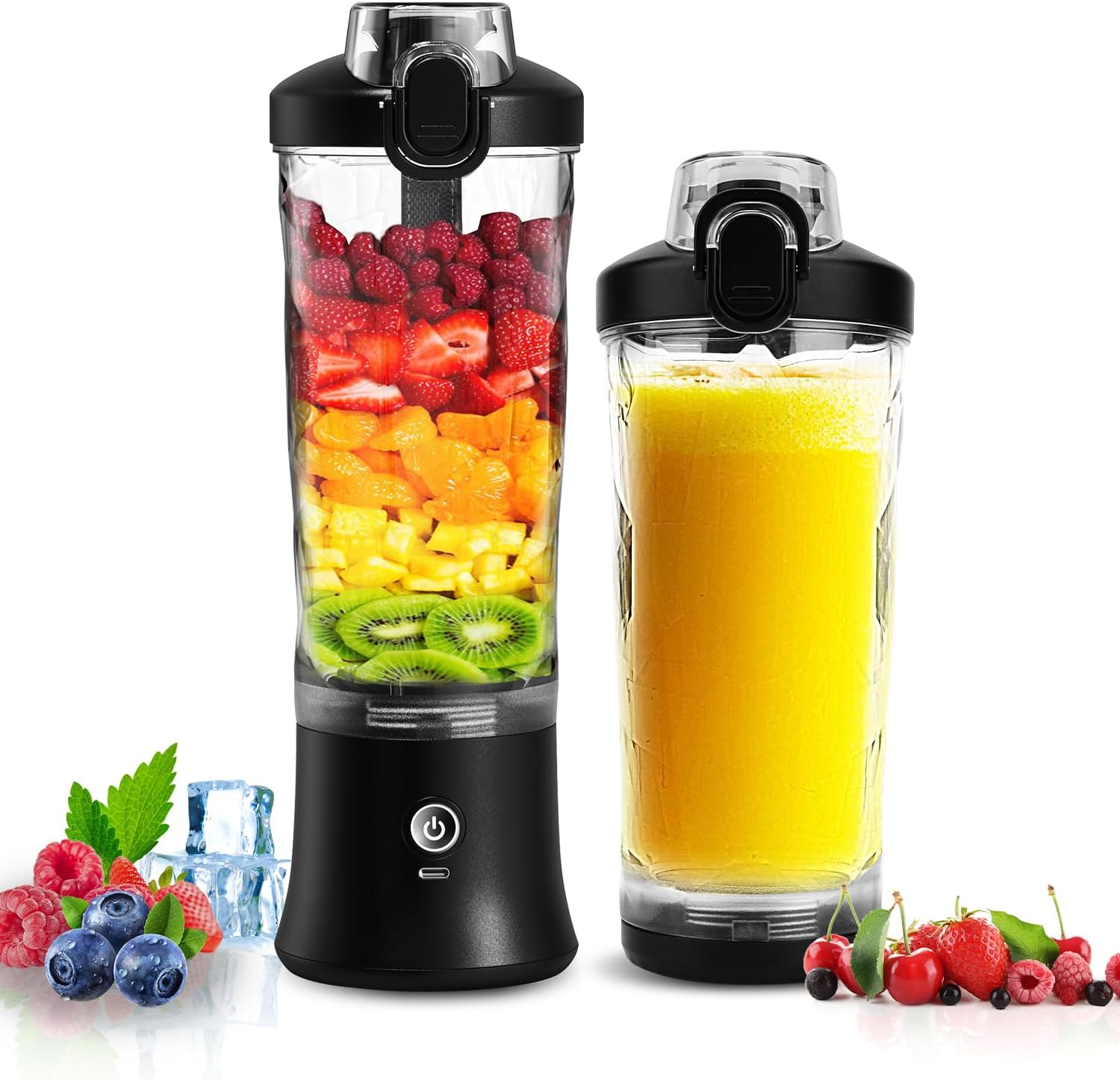 Portable Blender Personal Juicer for Shakes Smoothies with Insulated Sleeve | 20 Oz Electric Protein Shaker Bottle, Travel Lid, USB-C Rechargeable, Mini Small Cordless Blender Cup for Kitchen Travel Gym