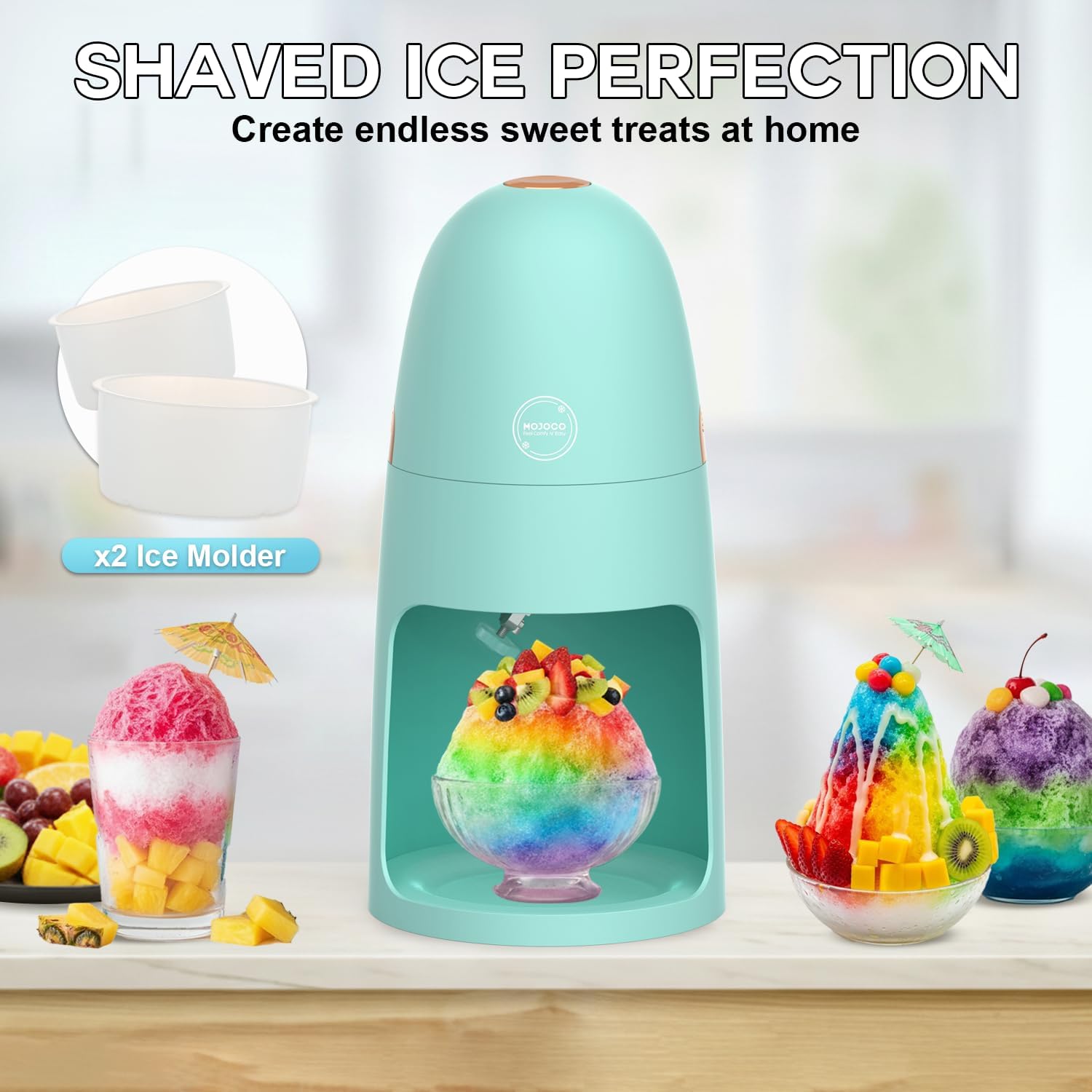 Machine à glace pilée MOJOCO - Machine à glace électrique avec lames réglables pour glace fine et grossière - Fonctionnement à une touche, légère, pour cônes de neige, granités, bingsu et desserts glacés