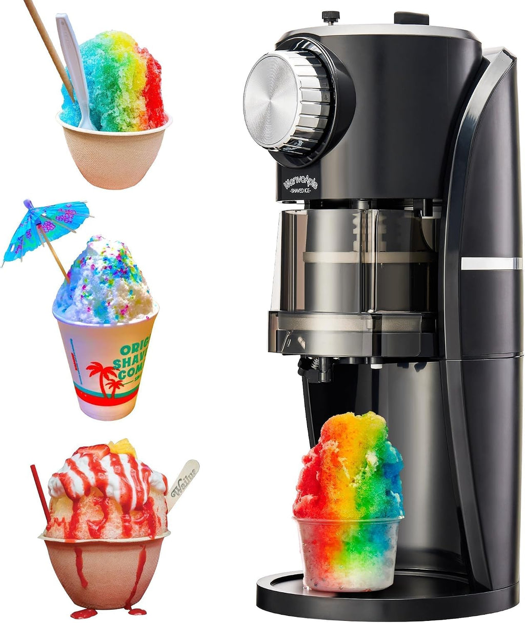 Machine à granités - Machine à glace pilée équipée d'une lame en acier inoxydable, d'un bouton de réglage pour ajuster librement l'épaisseur des flocons de neige et de 2 moules à glaçons en plastique réutilisables (noir)