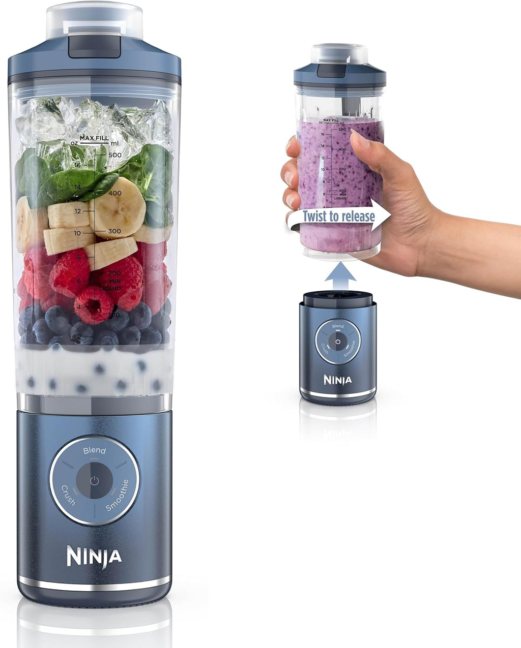 Ninja Blast Max, Mixeur portable + Twist & Go, Pour smoothies individuels, Mixe, Pile la glace, 3 programmes, Sans fil, Récipient amovible de 650 ml, Compatible lave-vaisselle, Anti-fuite, Bleu marine, BC251NV