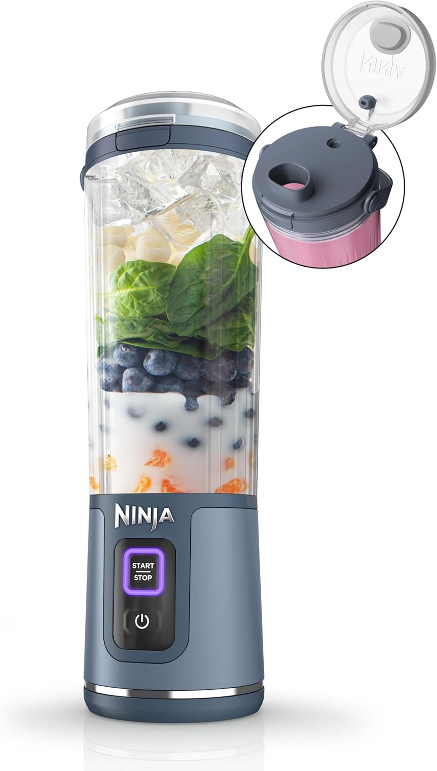 Mixeur portable Ninja BC151NV Blast, sans fil, récipient de 530 ml, mixeur personnel pour shakes et smoothies, sans BPA, couvercle étanche et bec verseur, rechargeable par USB-C, lavable au lave-vaisselle, bleu jean (reconditionné)
