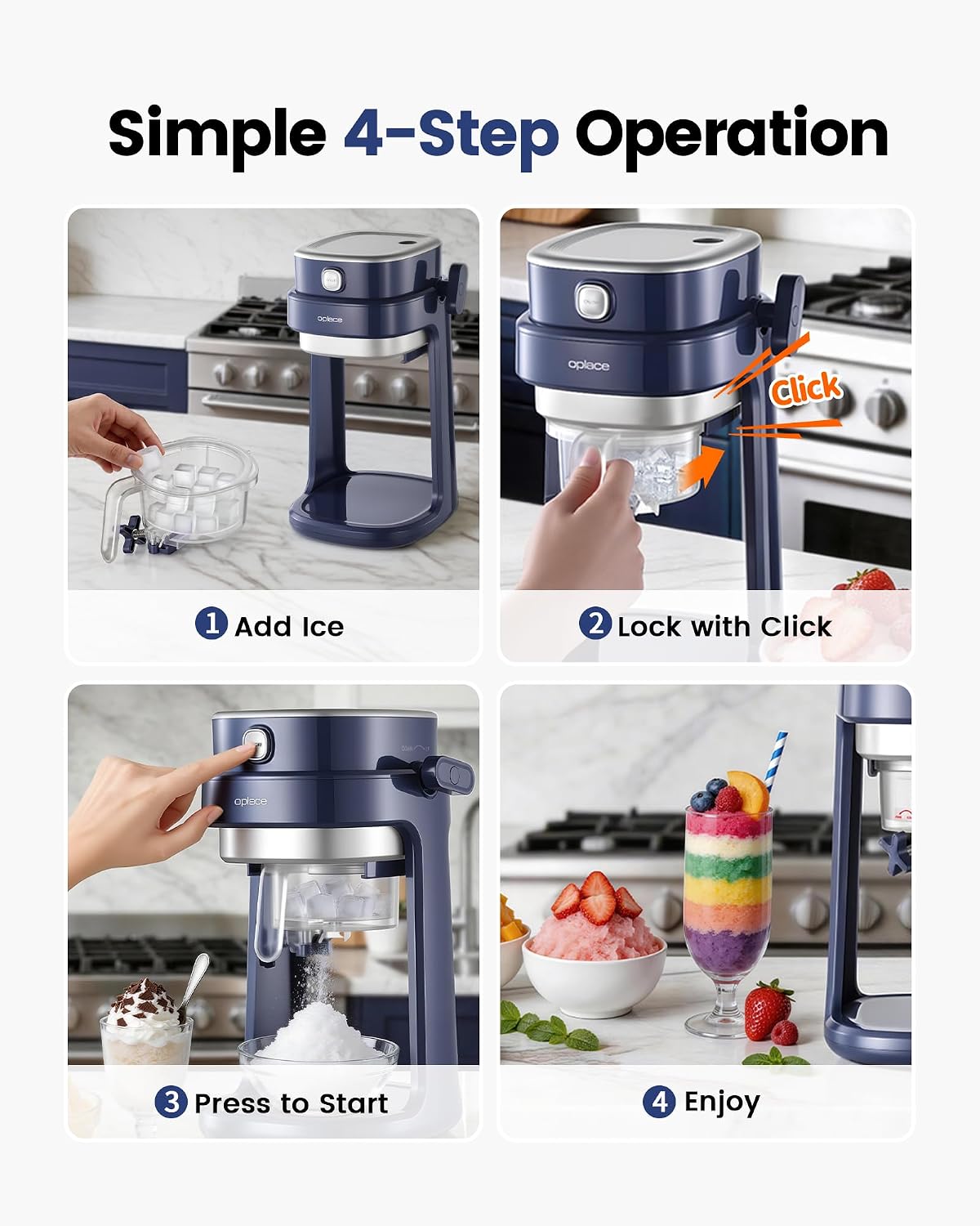 Machine à Barbotine pour la Maison, Machine à Glaçons Pilés Électrique à Commande Unique avec Réglage de la Lame pour Granités, Bingsu, Desserts Glacés, Broyage Rapide, 3 Moules à Glaçons Inclus (Bleu)