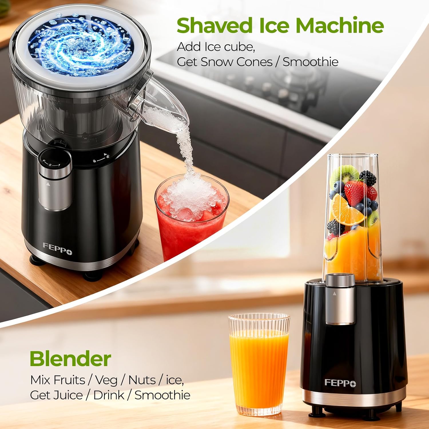 Machine à Granités et Smoothies FEPPO 2 en 1, Machine à Glace Pilée Puissante 700W, Machine à Margarita Glacée avec Lame en Acier Inoxydable, Livre de Recettes de Smoothies, pour Fêtes à la Maison et dans la Cuisine