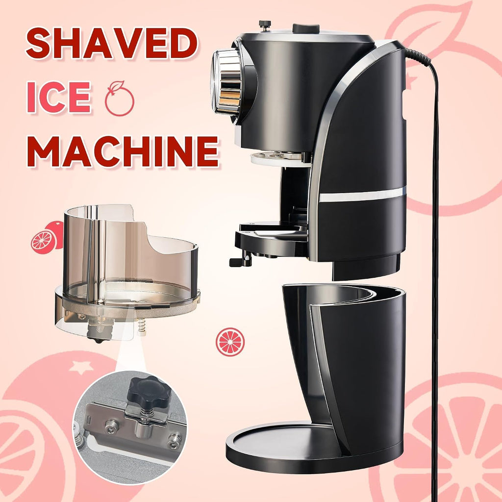 Machine à granités - Machine à glace pilée équipée d'une lame en acier inoxydable, d'un bouton de réglage pour ajuster librement l'épaisseur des flocons de neige et de 2 moules à glaçons en plastique réutilisables (noir)