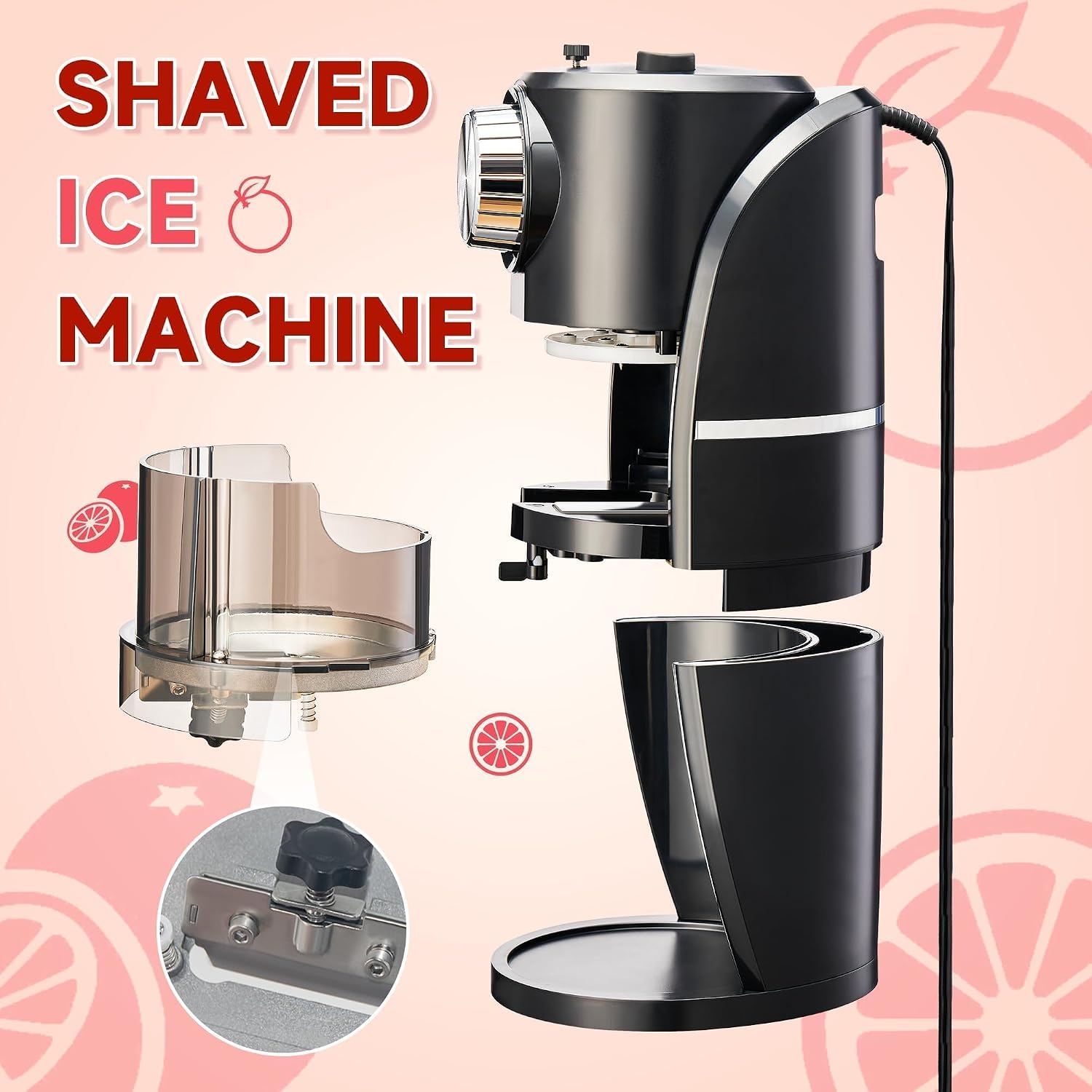 Machine à granités - Machine à glace pilée équipée d'une lame en acier inoxydable, d'un bouton de réglage pour ajuster librement l'épaisseur des flocons de neige et de 2 moules à glaçons en plastique réutilisables (noir)