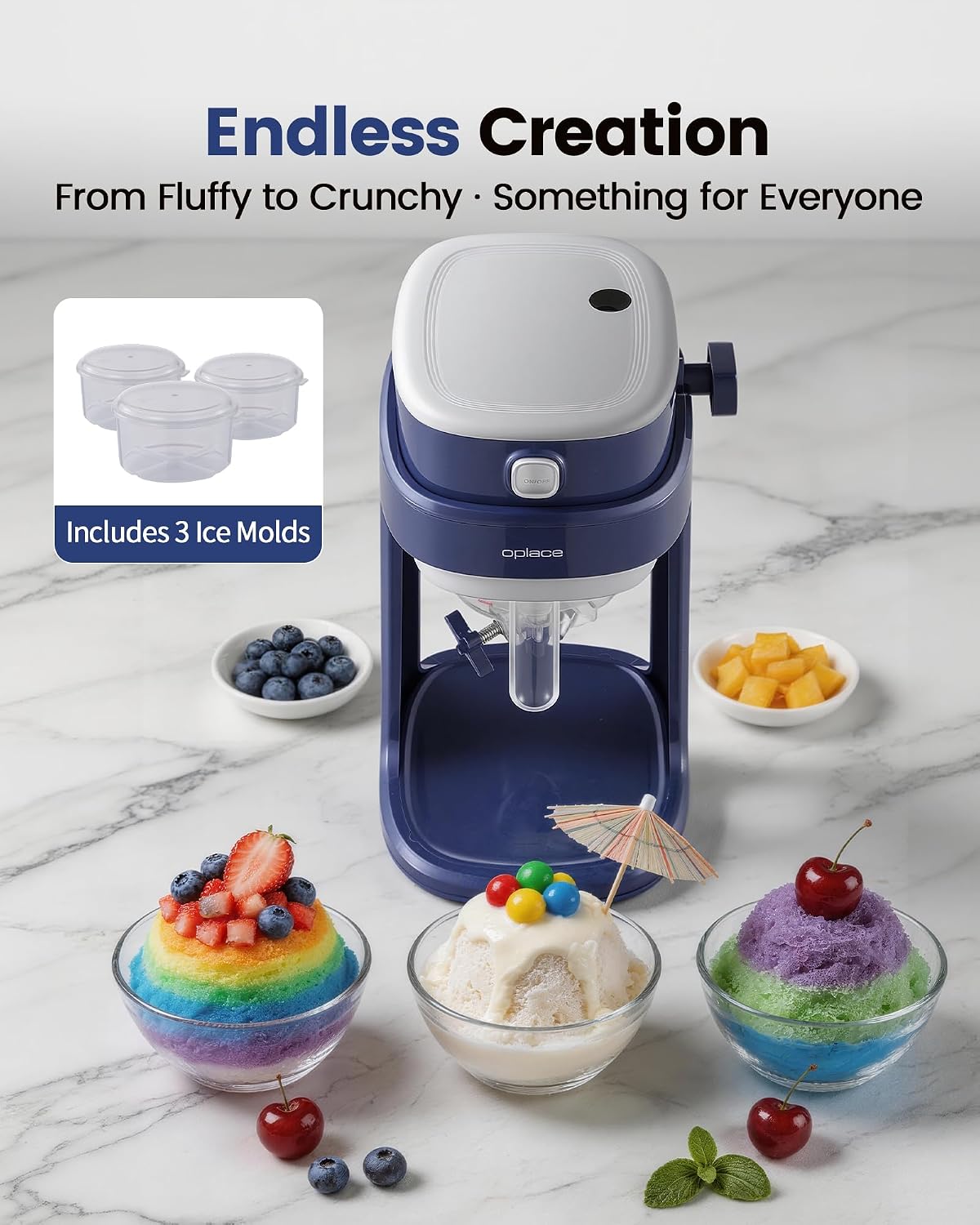 Machine à Barbotine pour la Maison, Machine à Glaçons Pilés Électrique à Commande Unique avec Réglage de la Lame pour Granités, Bingsu, Desserts Glacés, Broyage Rapide, 3 Moules à Glaçons Inclus (Bleu)