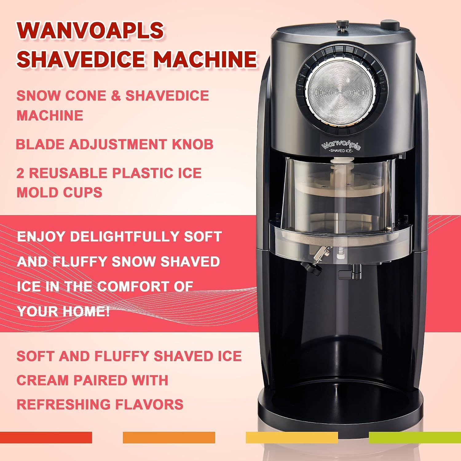 Machine à granités - Machine à glace pilée équipée d'une lame en acier inoxydable, d'un bouton de réglage pour ajuster librement l'épaisseur des flocons de neige et de 2 moules à glaçons en plastique réutilisables (noir)