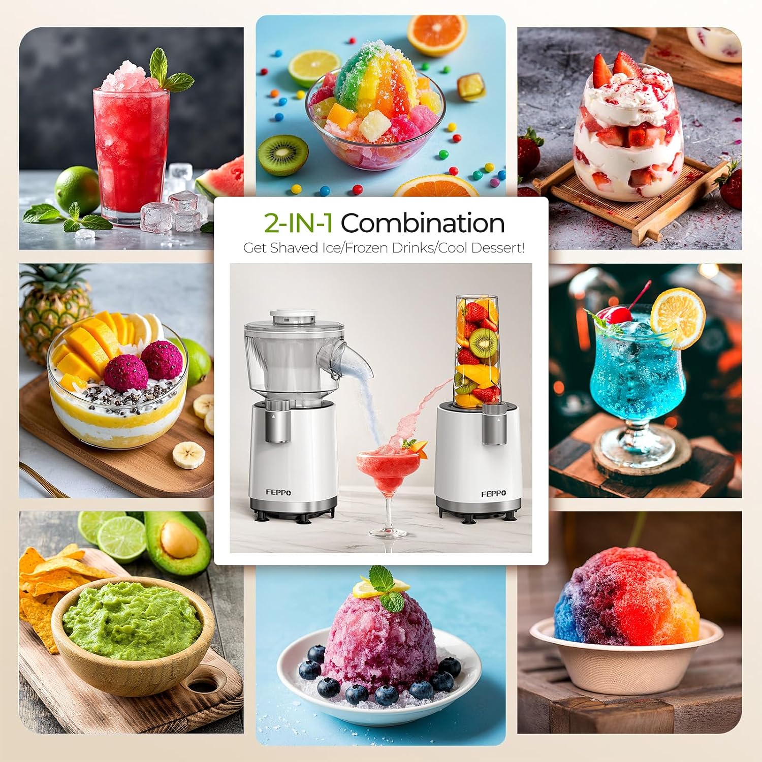 Machine à Granités et Smoothies FEPPO 2 en 1, Machine à Glace Pilée Puissante 700W, Machine à Margarita Glacée avec Lame en Acier Inoxydable, Livre de Recettes de Smoothies, pour Fêtes à la Maison et dans la Cuisine