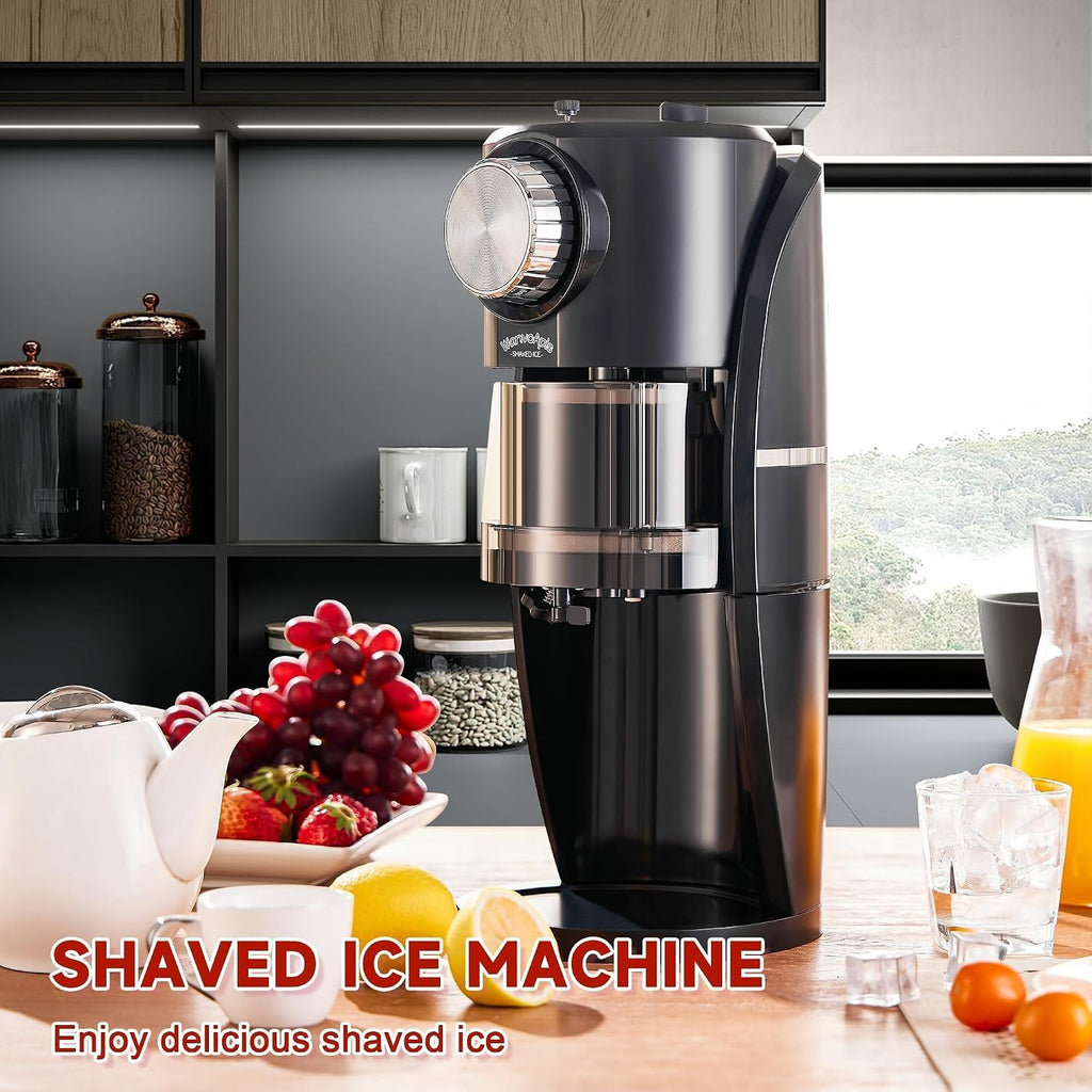 Machine à granités - Machine à glace pilée équipée d'une lame en acier inoxydable, d'un bouton de réglage pour ajuster librement l'épaisseur des flocons de neige et de 2 moules à glaçons en plastique réutilisables (noir)