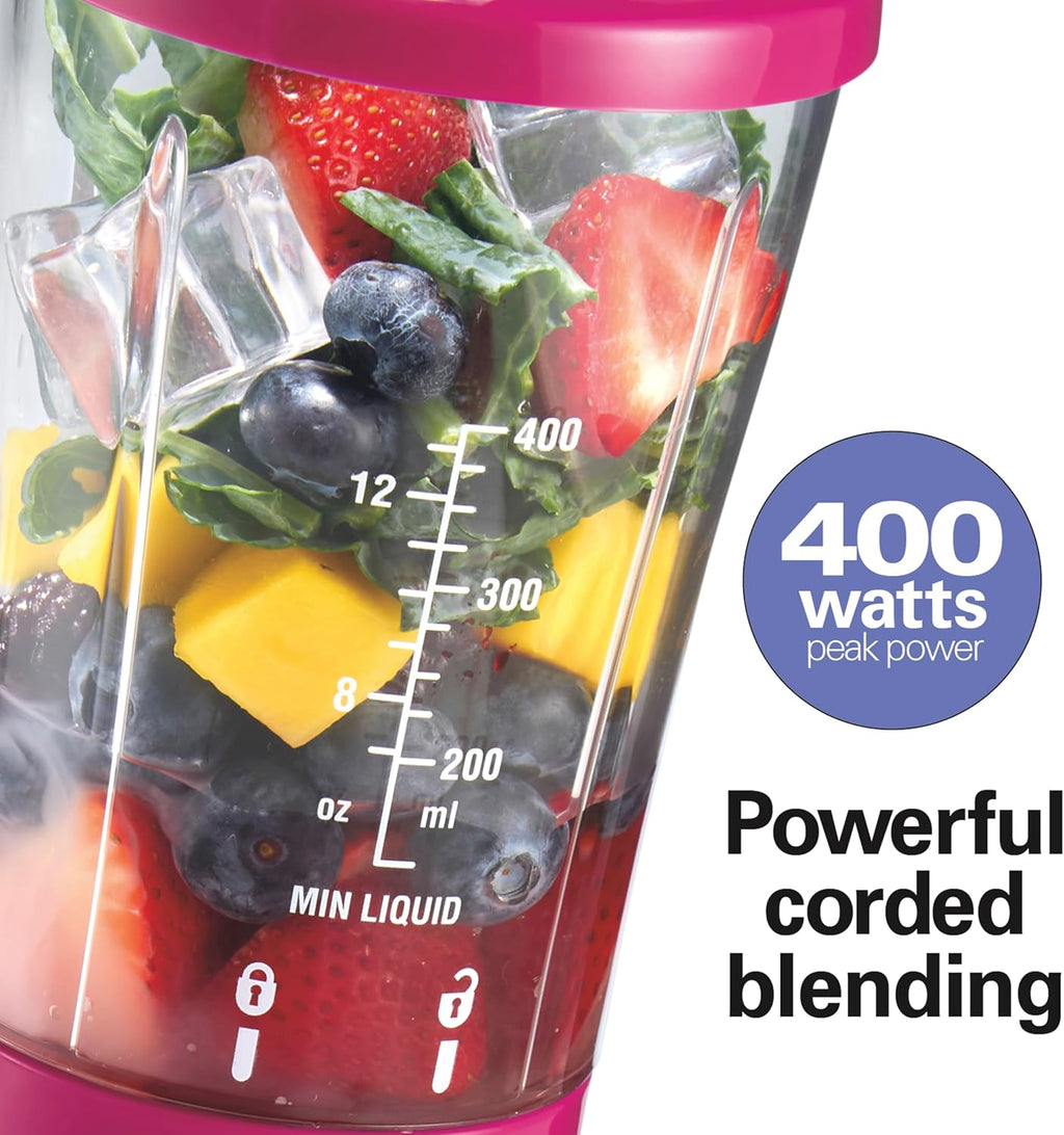 Mixeur portable Hamilton Beach pour smoothies avec bocal de voyage de 41 cl | Bocal et couvercle sans BPA | Lames durables en acier inoxydable | Puissance de crête de 300 Watts | Mixeur personnel à smoothies | Framboise | 51131G