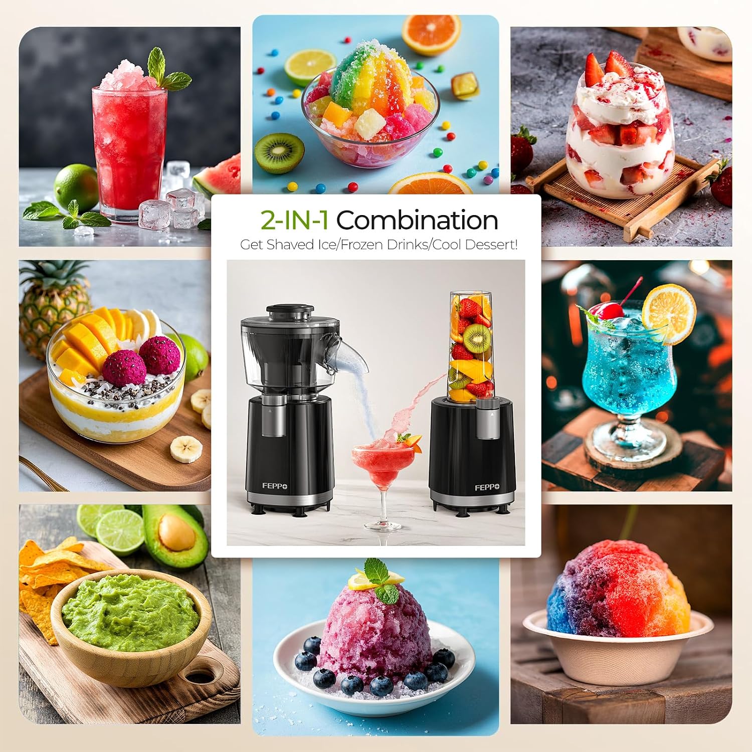 Machine à Granités et Smoothies FEPPO 2 en 1, Machine à Glace Pilée Puissante 700W, Machine à Margarita Glacée avec Lame en Acier Inoxydable, Livre de Recettes de Smoothies, pour Fêtes à la Maison et dans la Cuisine