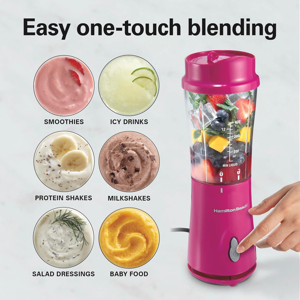 Mixeur portable Hamilton Beach pour smoothies avec bocal de voyage de 41 cl | Bocal et couvercle sans BPA | Lames durables en acier inoxydable | Puissance de crête de 300 Watts | Mixeur personnel à smoothies | Framboise | 51131G