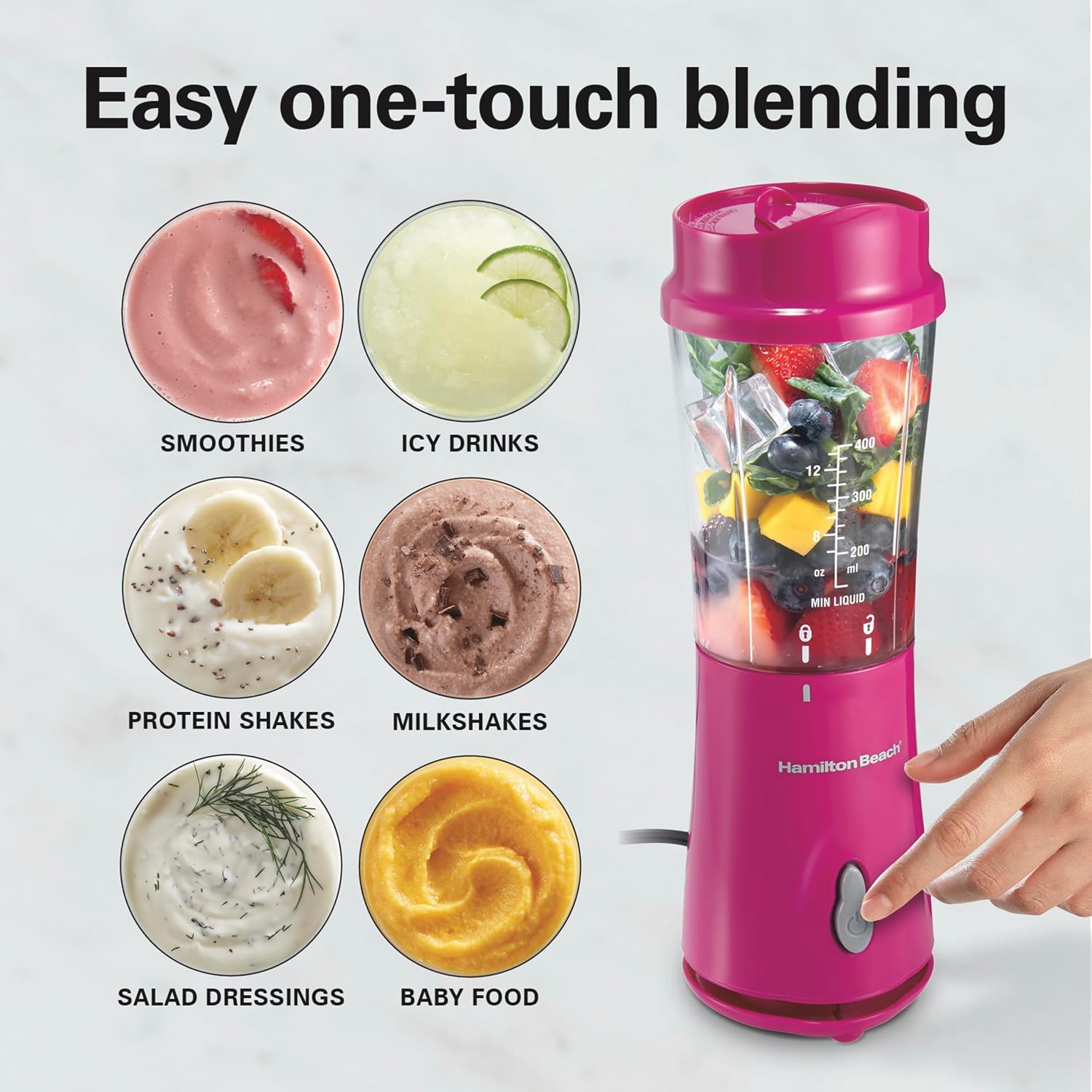 Mixeur portable Hamilton Beach pour smoothies avec bocal de voyage de 41 cl | Bocal et couvercle sans BPA | Lames durables en acier inoxydable | Puissance de crête de 300 Watts | Mixeur personnel à smoothies | Framboise | 51131G